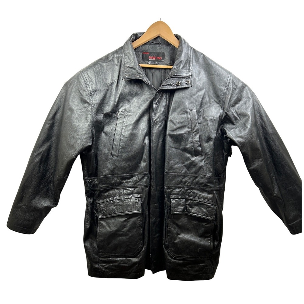 Phase Two Leather Jacket Mens XL Black‎ Zip Front Heavy Utility Coat 4 lbs